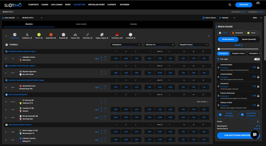 Live betting overview screen showing several soccer matches listed with no Betiator widget visible on this view
