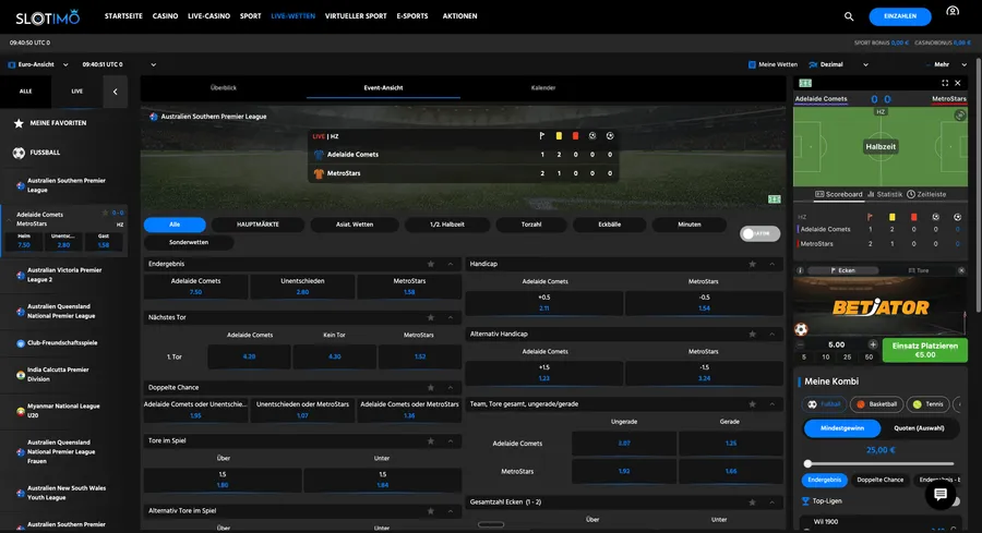 Live match event page with the Betiator widget open on the right side, next to the standard in-play betting markets