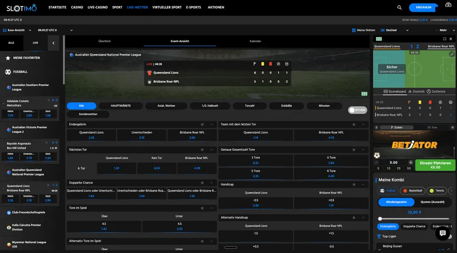 The selected match's event page is already open, with the Betiator widget showing in the right column: corner and goal trigger tabs and a EUR 5.00 stake field
