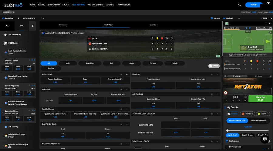 Close-up of the Betiator widget on the event page, showing the Corners and Goals trigger tabs and the stake field