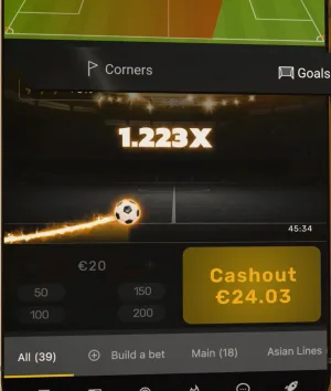 A Betiator round at a 1.223x multiplier, with a cash-out of €24.03 available
