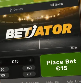 The Betiator stake screen showing an amount of €15 and the quick-select buttons 50, 100, 150, and 200