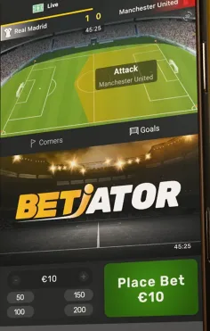 The Betiator widget on its own, showing the pitch view, the Attack indicator, and the Corners and Goals tabs together